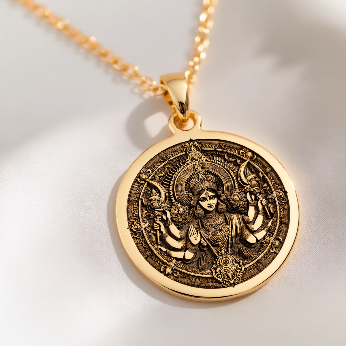 Durga Warrior Goddess Pendant Necklaces 14K 14K Gold Plated plated pendant necklace featuring an ornate goddess figure design.