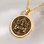 Durga Warrior Goddess Pendant Necklaces 14K 14K Gold Plated ornate circular pendant featuring a detailed mythological figure design necklace