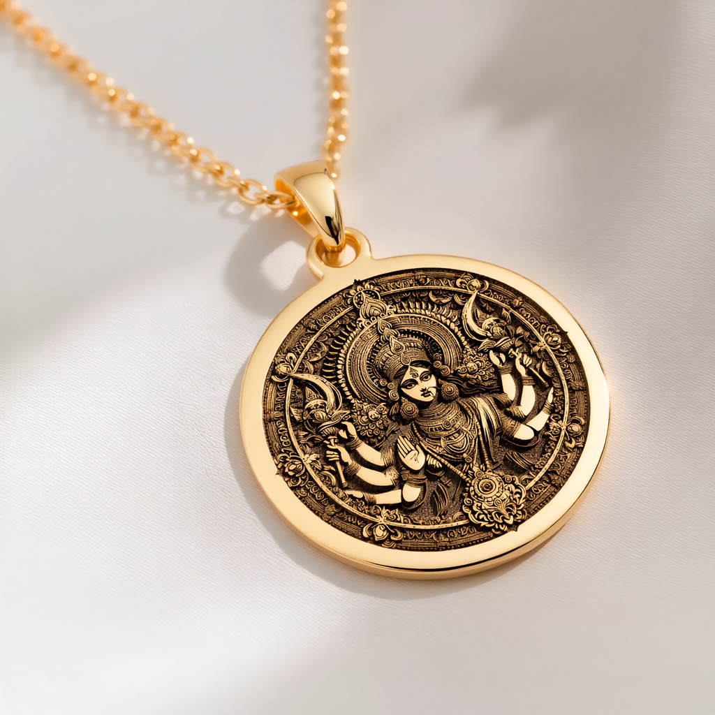 Durga Warrior Goddess Pendant Necklaces 14K 14K Gold Plated ornate circular medallion pendant necklace with intricate traditional design