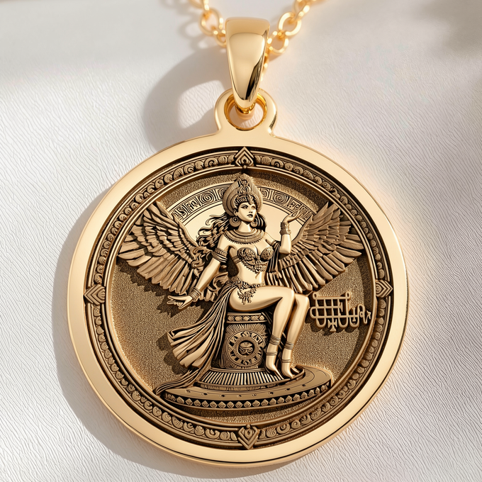 Bune Sigil Pendant Pendants 14K 14K Gold Plated round pendant featuring a seated winged goddess figure design.