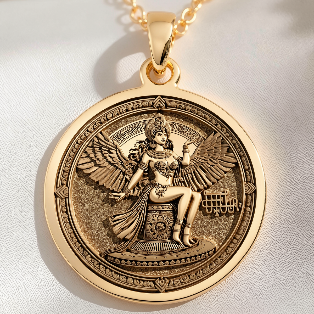 Bune Sigil Pendant Pendants 14K 14K Gold Plated round pendant featuring a seated winged goddess figure design.