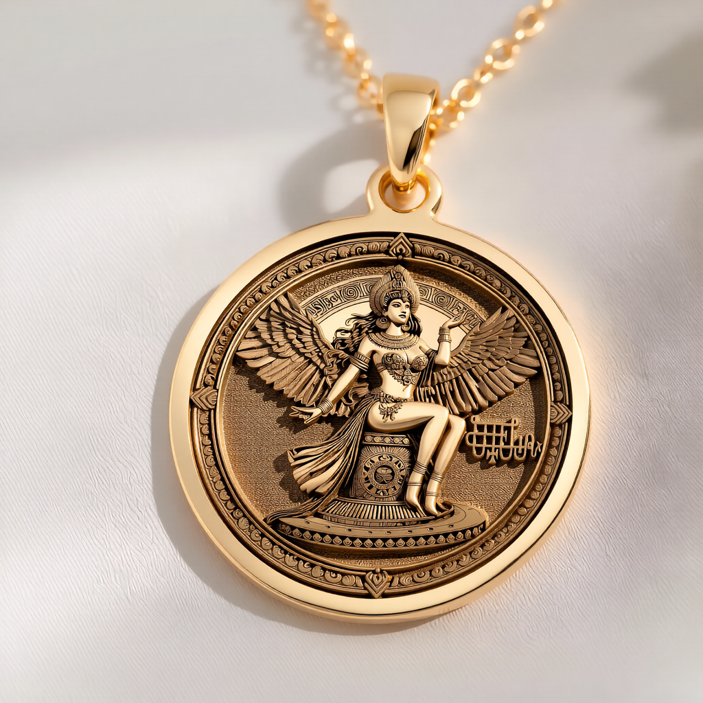 Bune Sigil Pendant Pendants 14K 14K Gold Plated winged goddess seated pendant necklace with intricate classical design