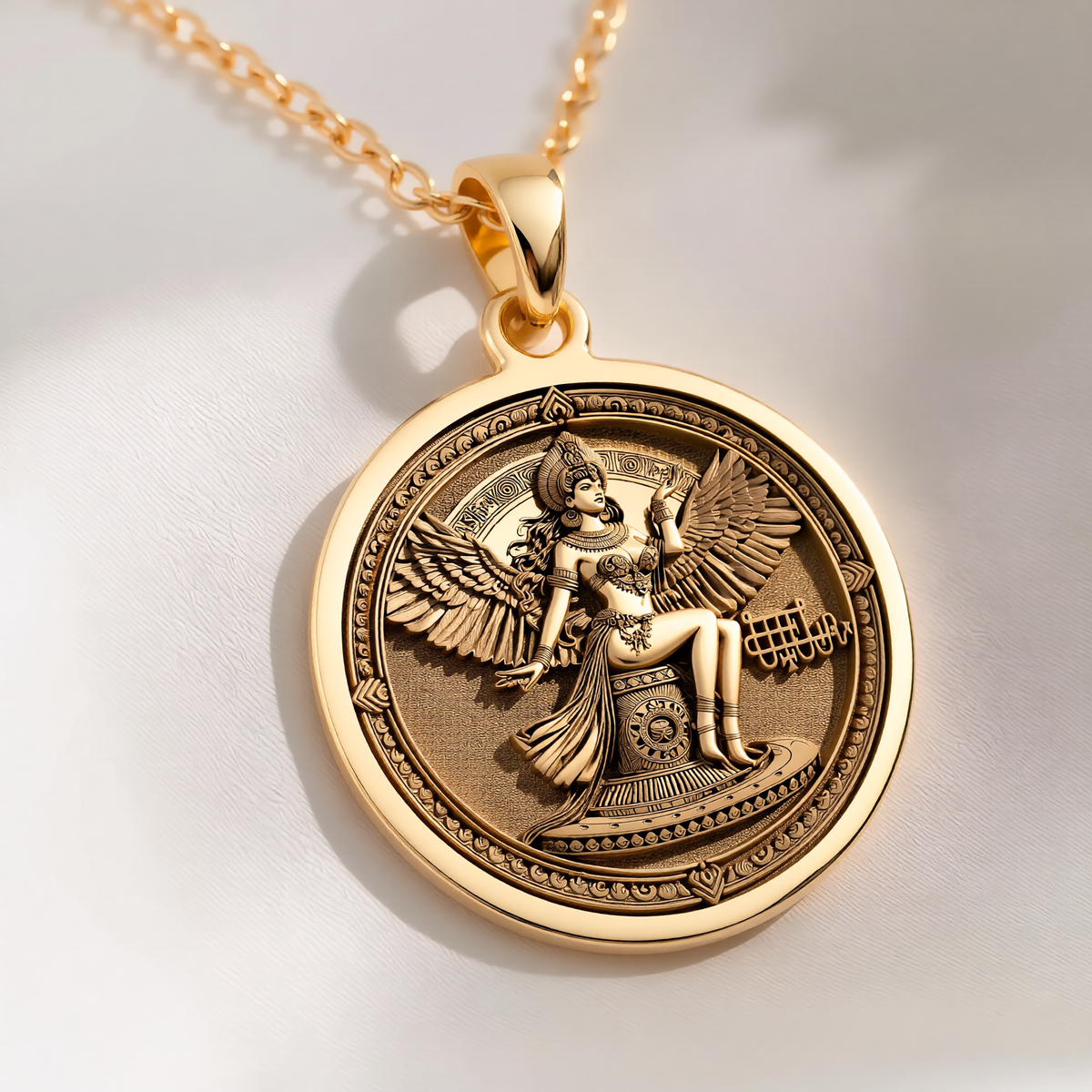 Bune Sigil Pendant Pendants 14K 14K Gold Plated winged goddess pendant necklace with ornate circular design