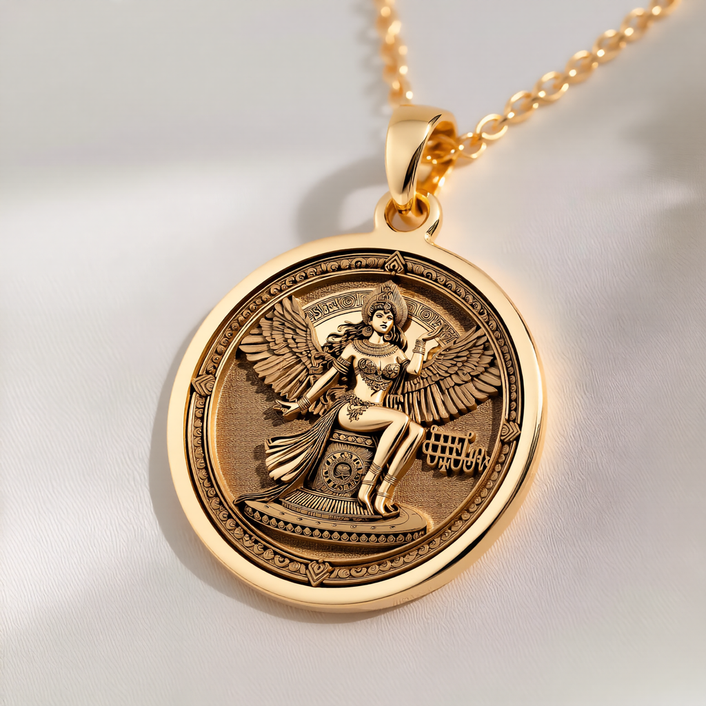 Bune Sigil Pendant Pendants 14K 14K Gold Plated winged goddess figure pendant necklace with intricate circular design