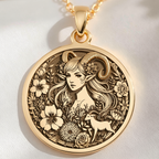 Capricorn Sea Goat Tail Zodiac Necklace Pendants 14K 14K Gold Plated pendant necklace featuring a detailed illustration of a woman surrounded by floral and animal motifs.