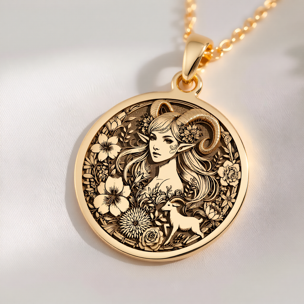 Capricorn Sea Goat Tail Zodiac Necklace Pendants 14K 14K Gold Plated engraved portrait with floral wreath pendant necklace