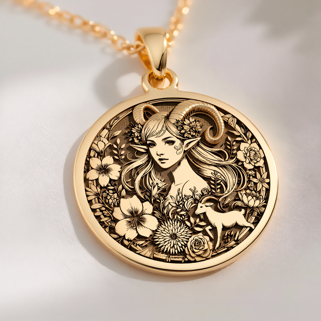 Capricorn Sea Goat Tail Zodiac Necklace Pendants 14K 14K Gold Plated pendant necklace featuring an ornate illustration of a woman with floral and deer motifs.