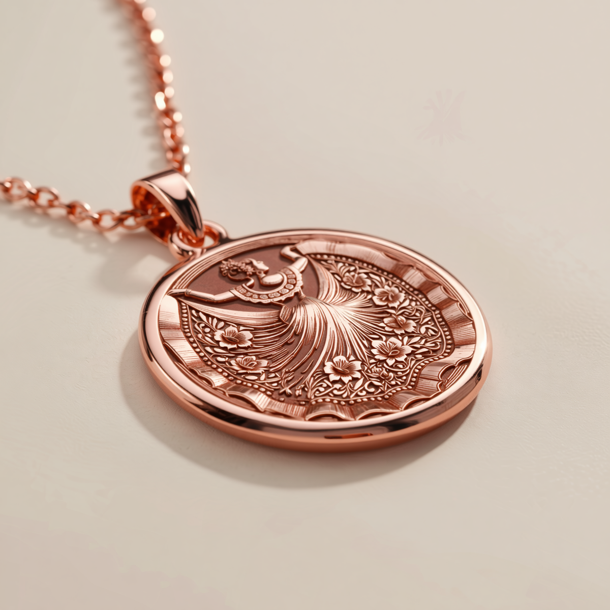 Rose Gold Plated pendant with folkloric Mexican dancer, engraved in graceful detail, elegant cultural jewelry gift.