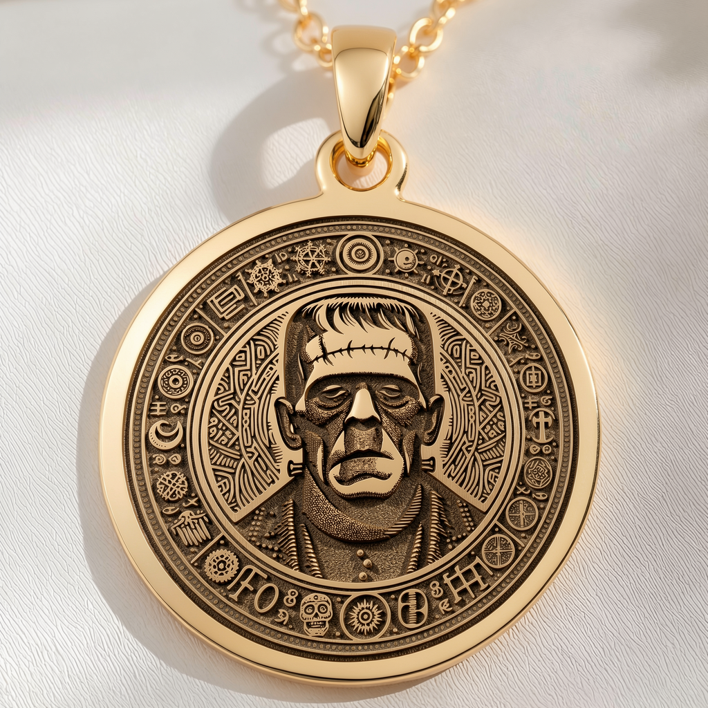 Frankenstein Monster Amulet Pendant Necklaces 14K 14K Gold Plated portrait medallion pendant necklace with intricate geometric design