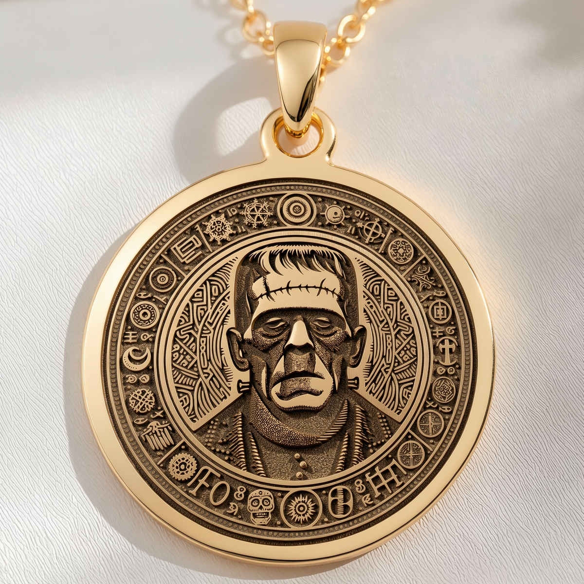 Frankenstein Monster Amulet Pendant Necklaces 14K 14K Gold Plated portrait medallion pendant necklace with intricate geometric design