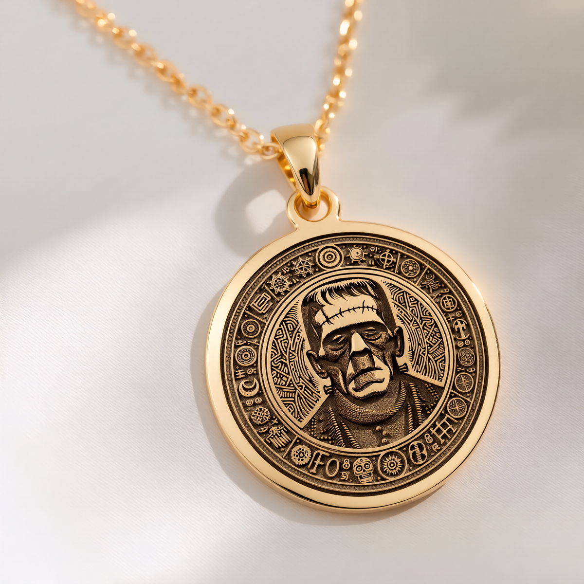 Frankenstein Monster Amulet Pendant Necklaces 14K 14K Gold Plated engraved portrait medallion pendant necklace