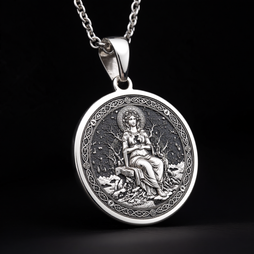 Gaia Earth Goddess Medallion Pendant — Solid 925 Sterling Silver motif close-up