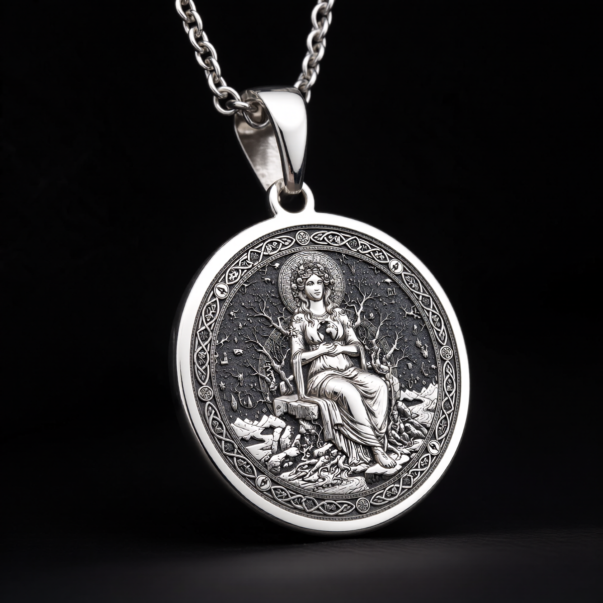 Gaia Earth Goddess Medallion Pendant — Solid 925 Sterling Silver motif close-up