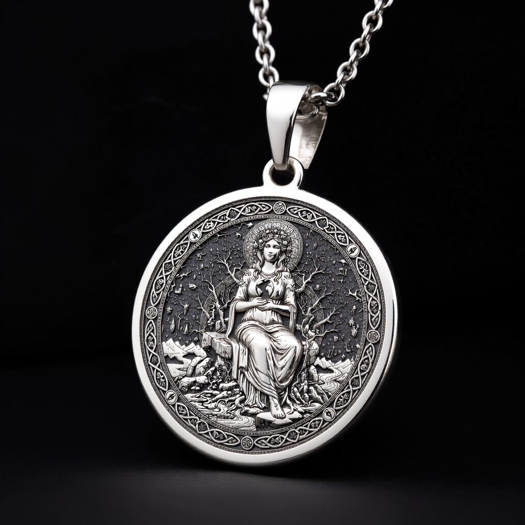 Gaia Earth Goddess Medallion Pendant — Solid 925 Sterling Silver bevel & border detail