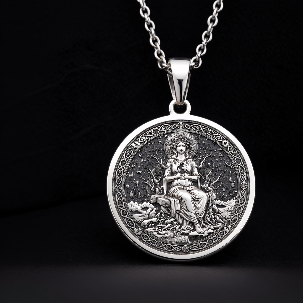 Gaia Earth Goddess Medallion Pendant — Solid 925 Sterling Silver studio showcase view