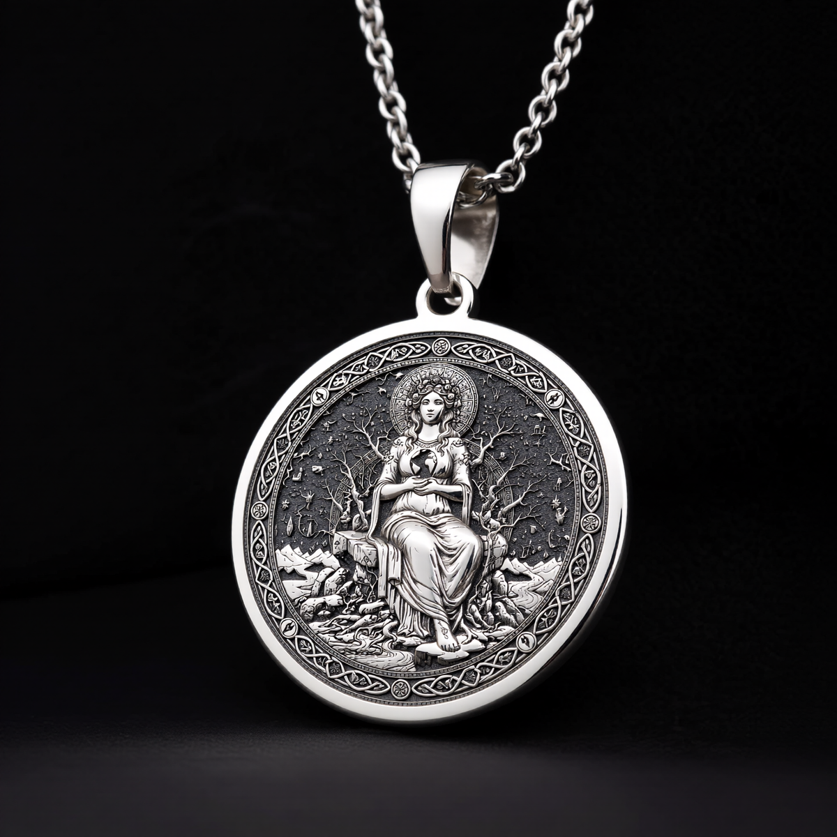 Gaia Earth Goddess Medallion Pendant — Solid 925 Sterling Silver pendant proportion view