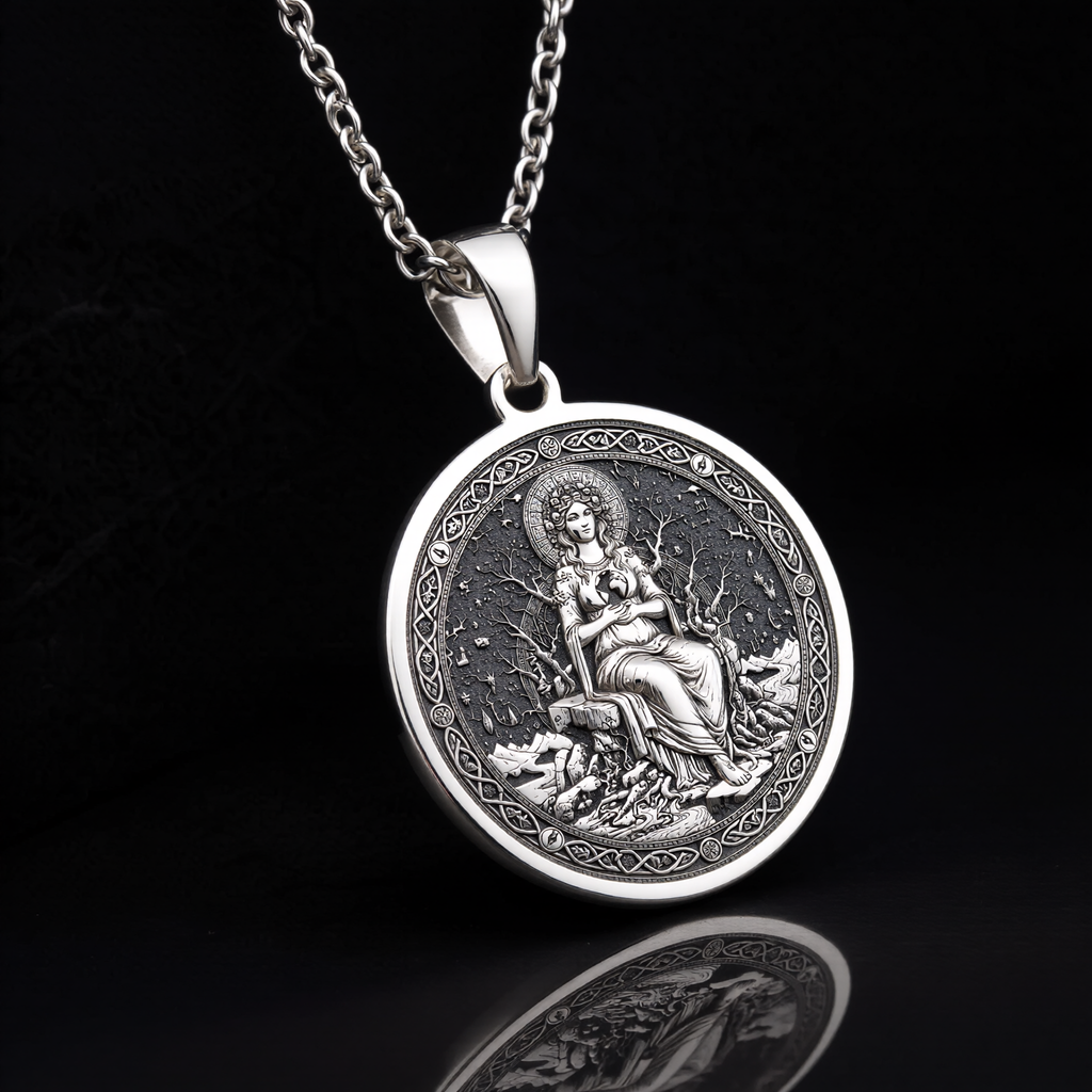 Gaia Earth Goddess Medallion Pendant — Solid 925 Sterling Silver chain pairing view