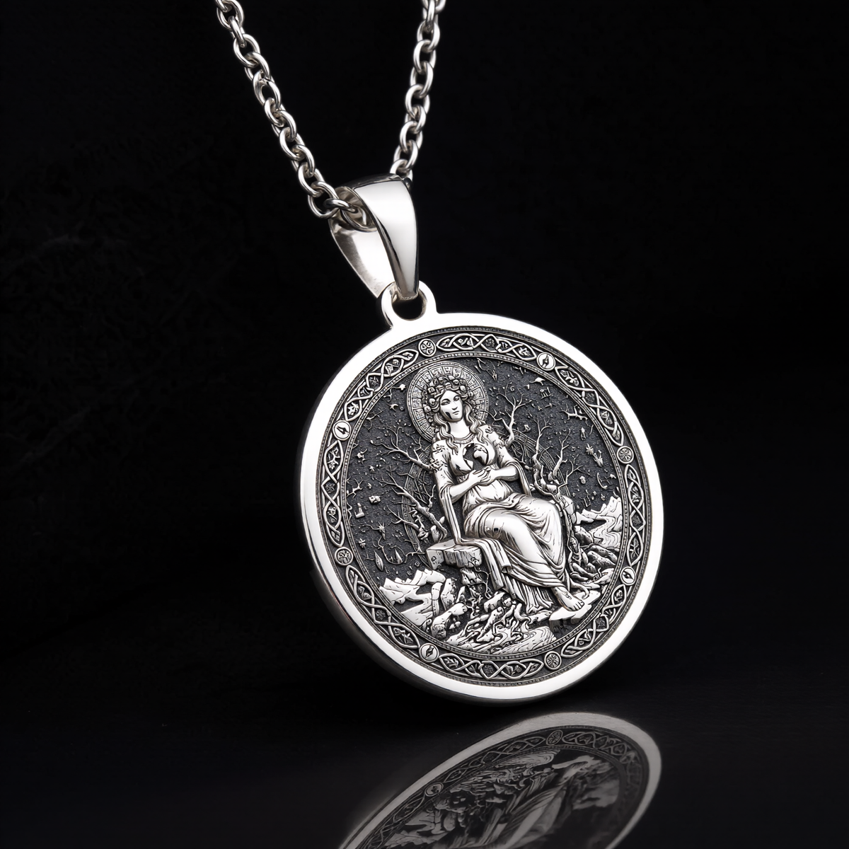 Gaia Earth Goddess Medallion Pendant — Solid 925 Sterling Silver chain pairing view