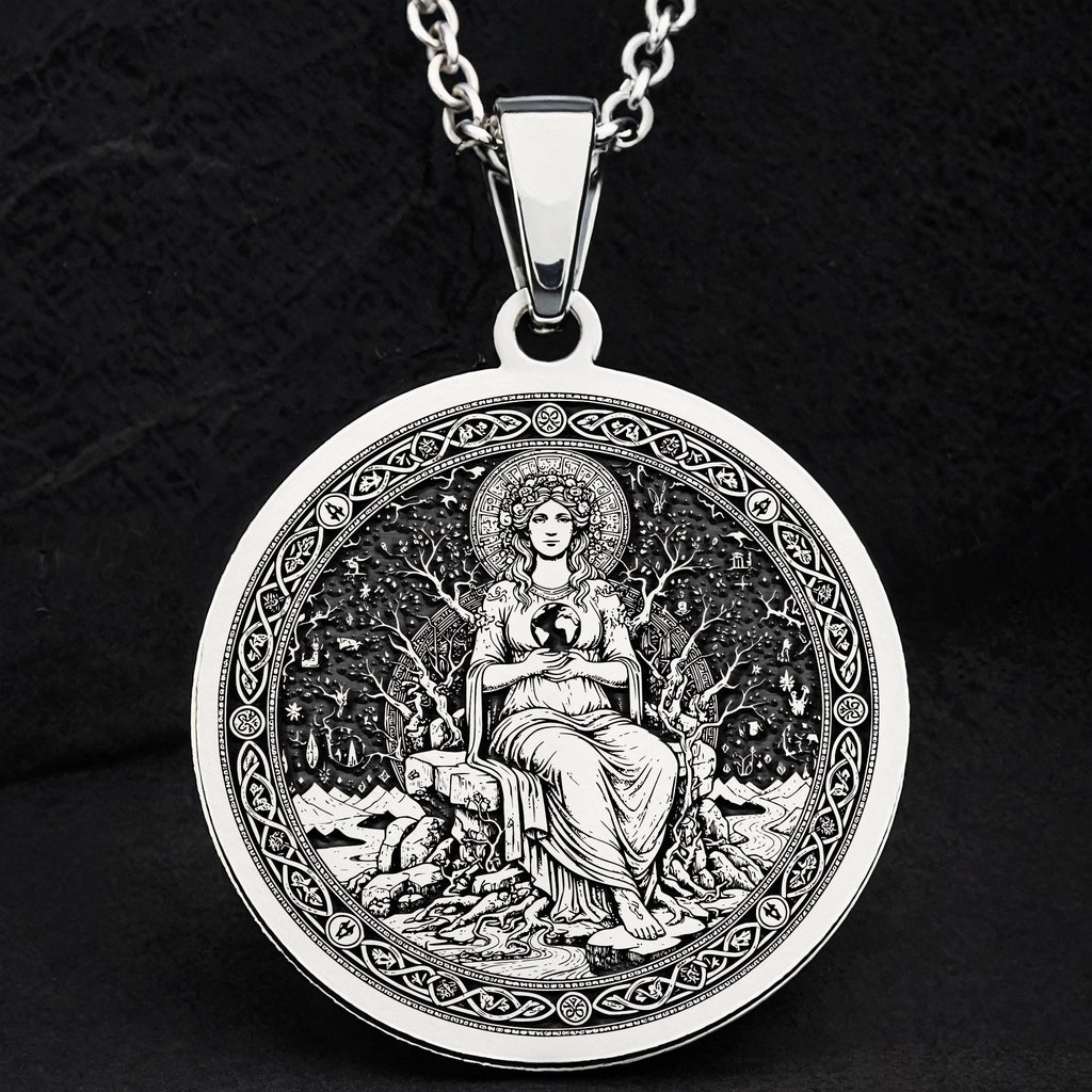 Gaia Earth Goddess Medallion Pendant — Solid 925 Sterling Silver back engraving view