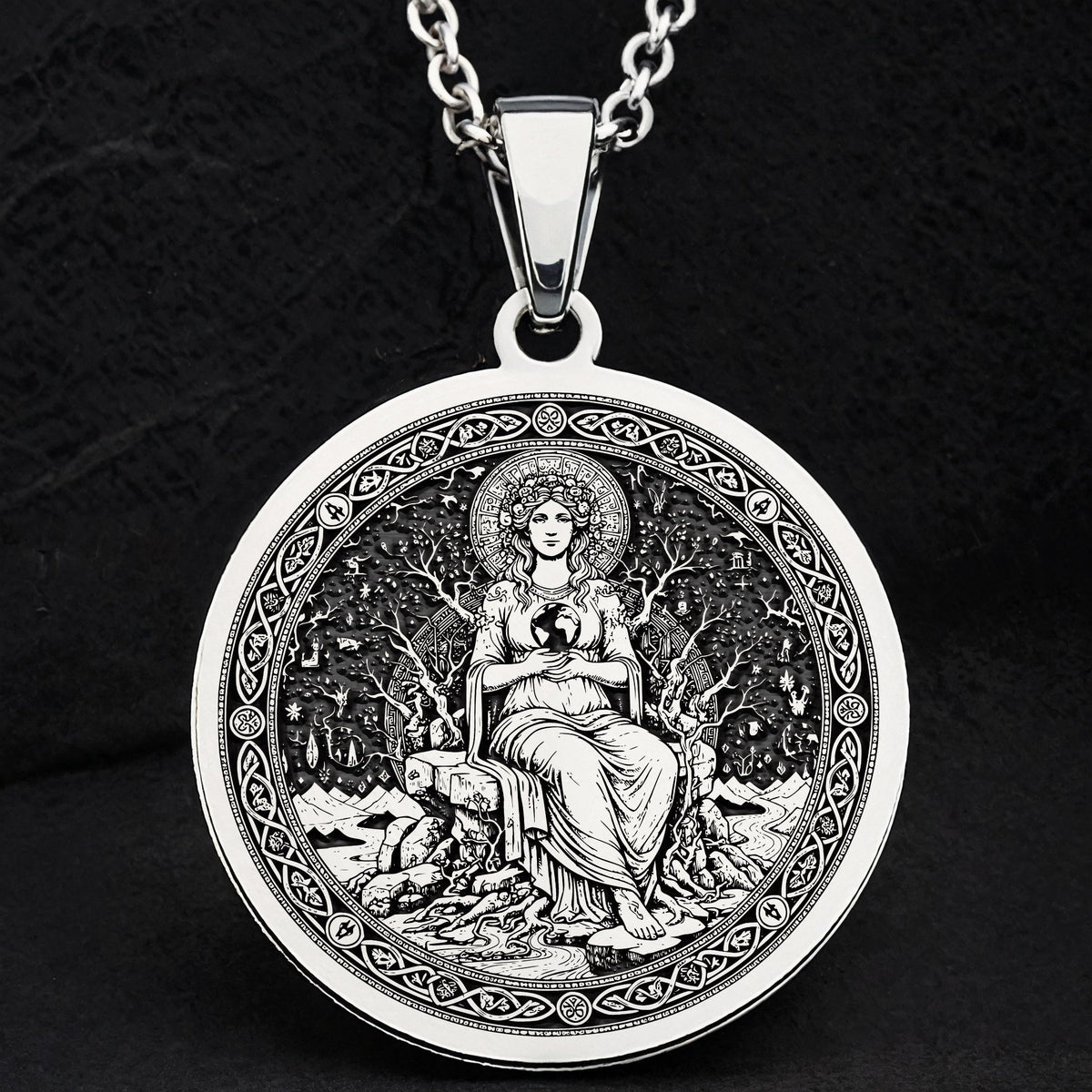 Gaia Earth Goddess Medallion Pendant — Solid 925 Sterling Silver back engraving view