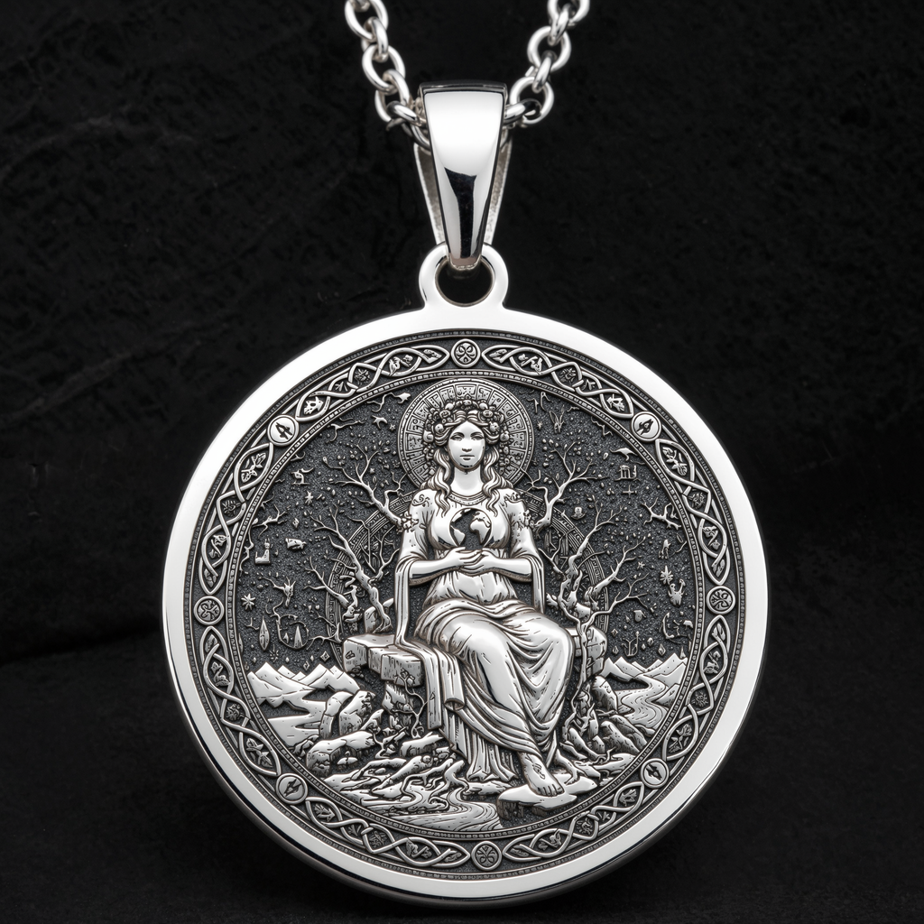 Gaia Earth Goddess Medallion Pendant — Solid 925 Sterling Silver polished coin detail
