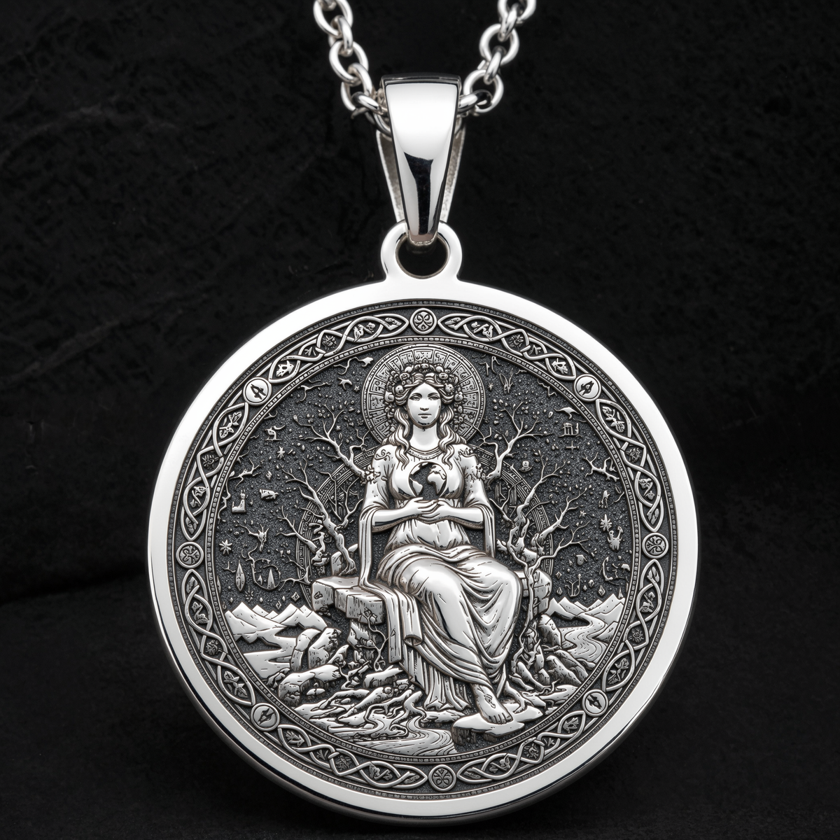 Gaia Earth Goddess Medallion Pendant — Solid 925 Sterling Silver polished coin detail