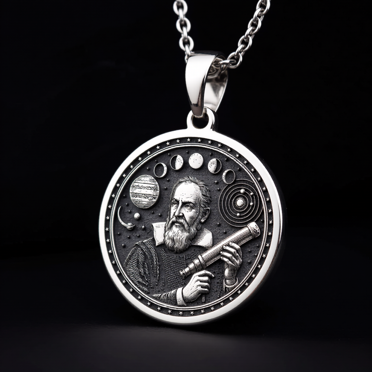 Galileo Necklace: Silver Father of Science, Astronomy Pendant