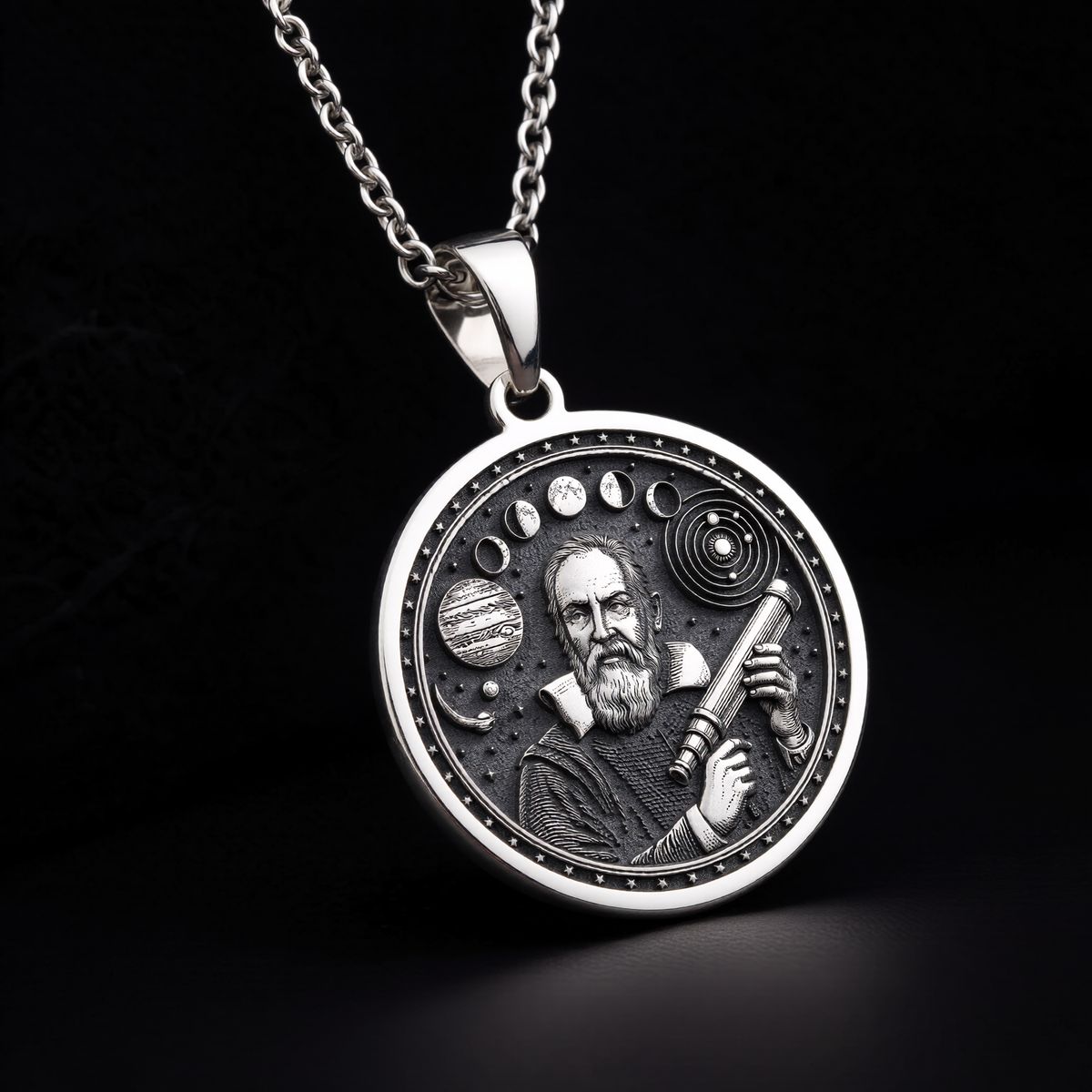 Galileo Necklace: Silver Father of Science, Astronomy Pendant