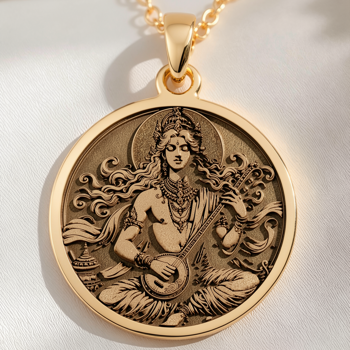 Gandharva Musician Pendant Necklace Necklaces 14K 14K Gold Plated engraved portrait of a seated deity with flute pendant necklace
