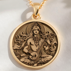 Gandharva Musician Pendant Necklace Necklaces 14K 14K Gold Plated engraved portrait of a seated deity with flute pendant necklace