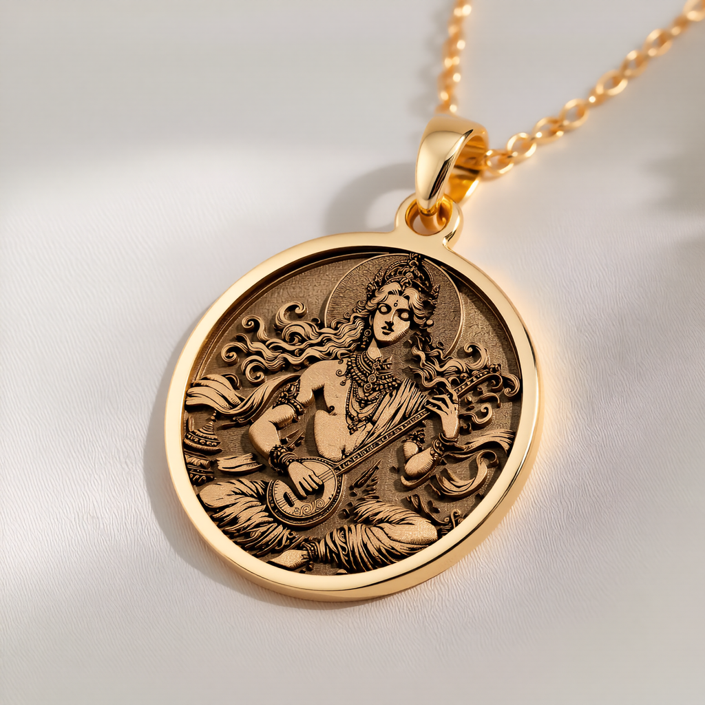 Gandharva Musician Pendant Necklace Necklaces 14K 14K Gold Plated pendant necklace featuring a classical female figure design on a round disc.