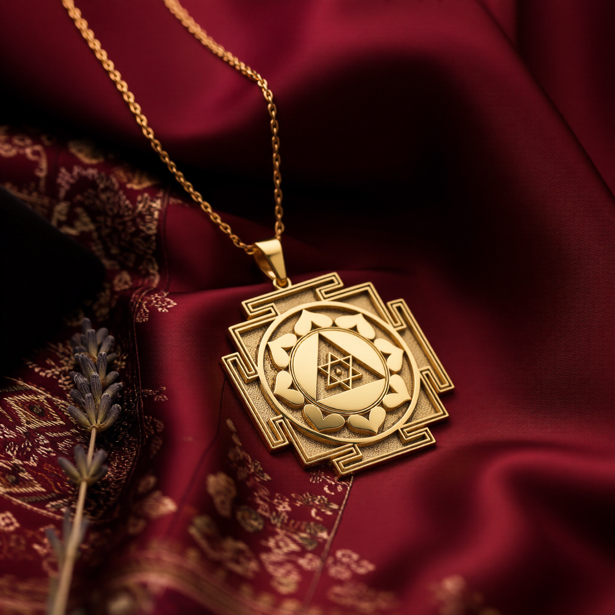 Personalized 14k Gold Ganesh Yantra Necklace, a spiritual amulet for success and new beginnings, is showcased in the primary product photo. The handcrafted Good Luck Charm rests on a luxurious dark red silk background, its sacred geometry shining. This powerful Remover of Obstacles talisman is a perfect gift for graduation or a new job, also available in 925 sterling silver and rose gold plated options.