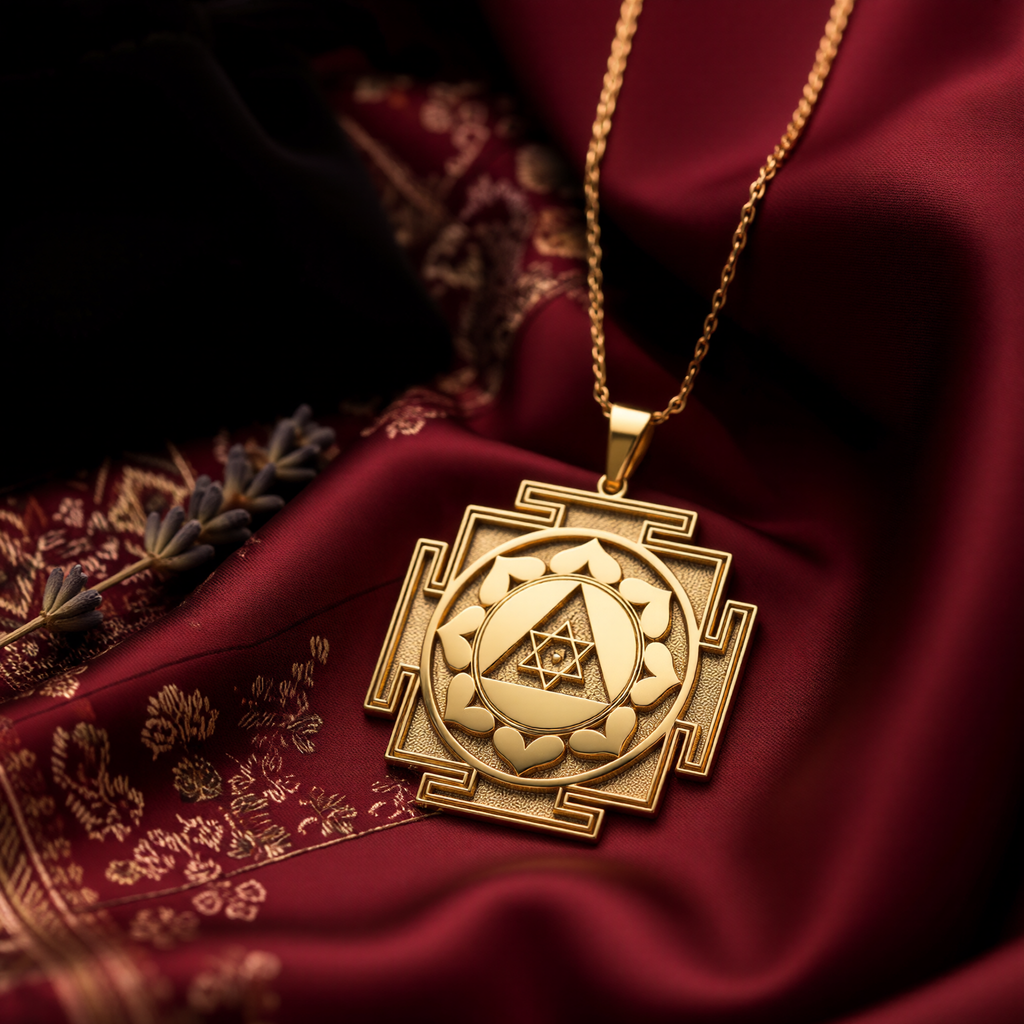 Another artistic view of the 14k gold Ganesh Yantra necklace, a powerful spiritual amulet for new beginnings and success. This angled shot on a luxurious cloth emphasizes the three-dimensional quality of the pendant. This personalized talisman is a beautiful piece of Vastu jewelry for attracting good fortune and removing obstacles from your path.