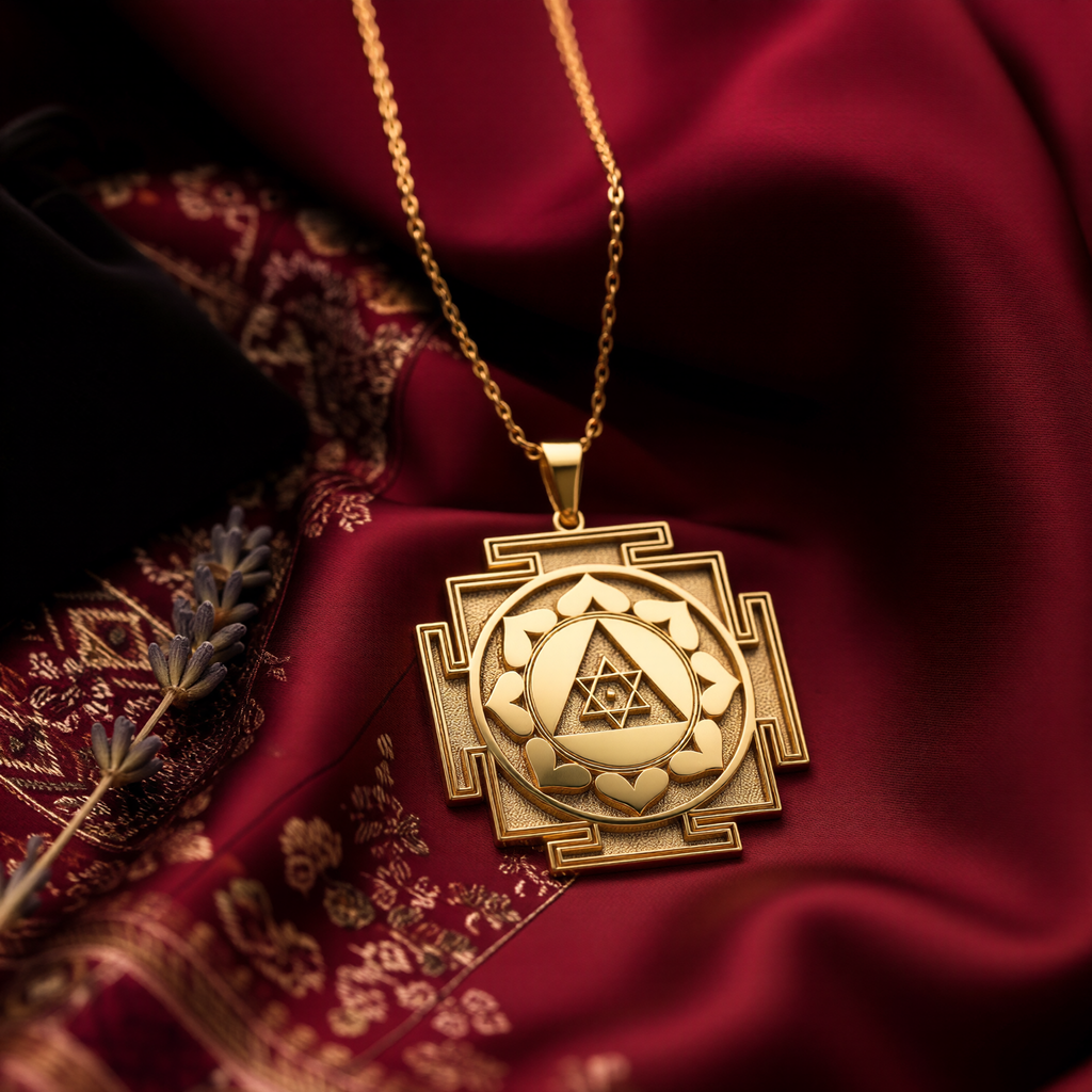 Personalized 14k Gold Ganesh Yantra Necklace, a spiritual amulet for success and new beginnings, is showcased in the primary product photo. The handcrafted Good Luck Charm rests on a luxurious dark red silk background, its sacred geometry shining. This powerful Remover of Obstacles talisman is a perfect gift for graduation or a new job, also available in 925 sterling silver and rose gold plated options.