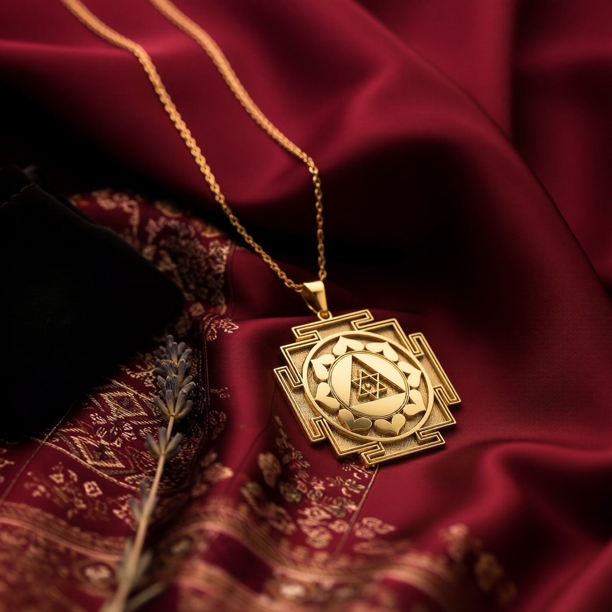 A personalized Ganesh Yantra necklace, a unisex spiritual amulet for couples, is shown being worn by both a man and a woman. This lifestyle photo highlights the versatility of this success and good luck talisman, making it a meaningful gift for partners on a shared spiritual journey. The sacred Elephant God charm is available in 14k gold, 925 sterling silver, and rose gold.