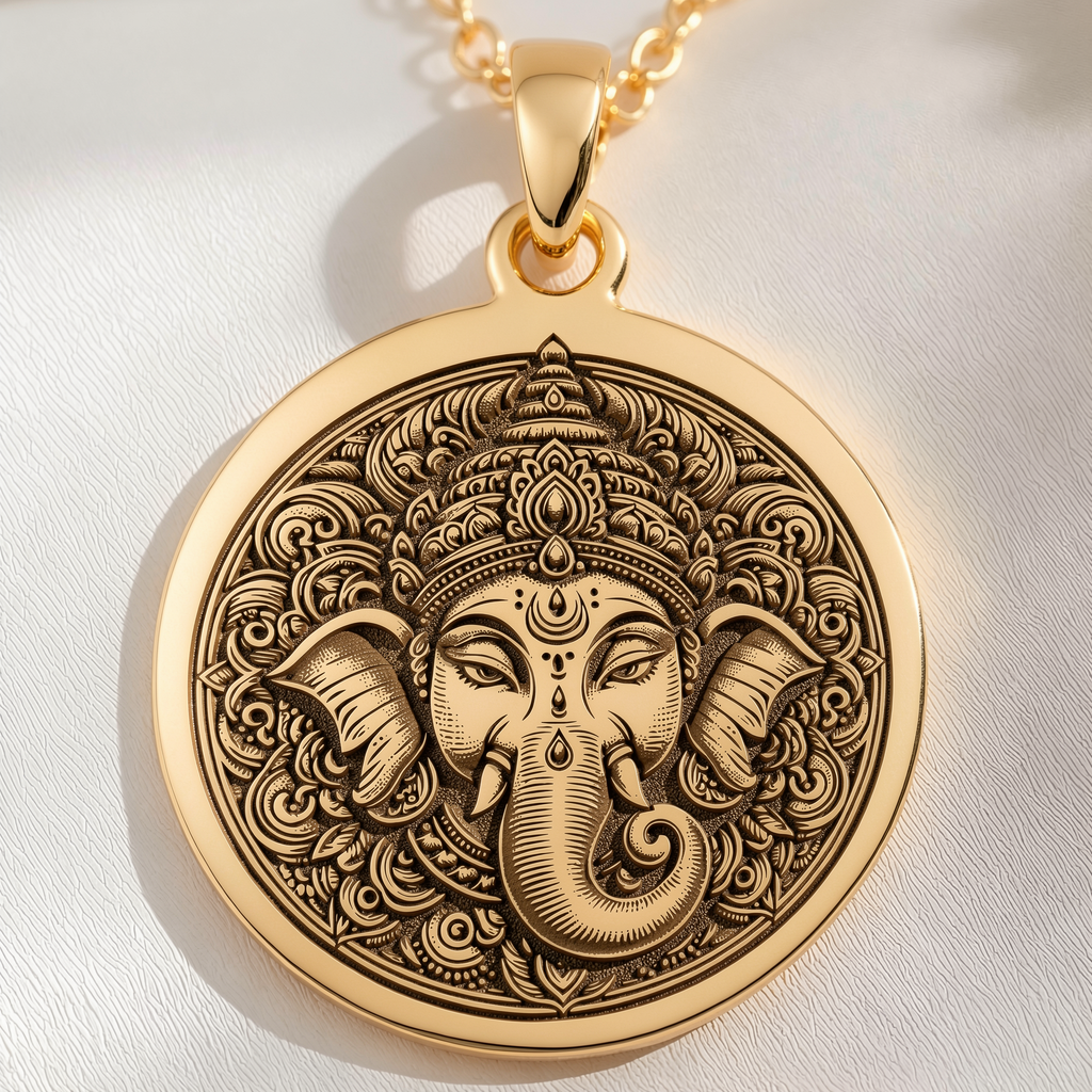 Ganesha God Necklace Necklaces 14K 14K Gold Plated Ganesha face pendant necklace with intricate circular design