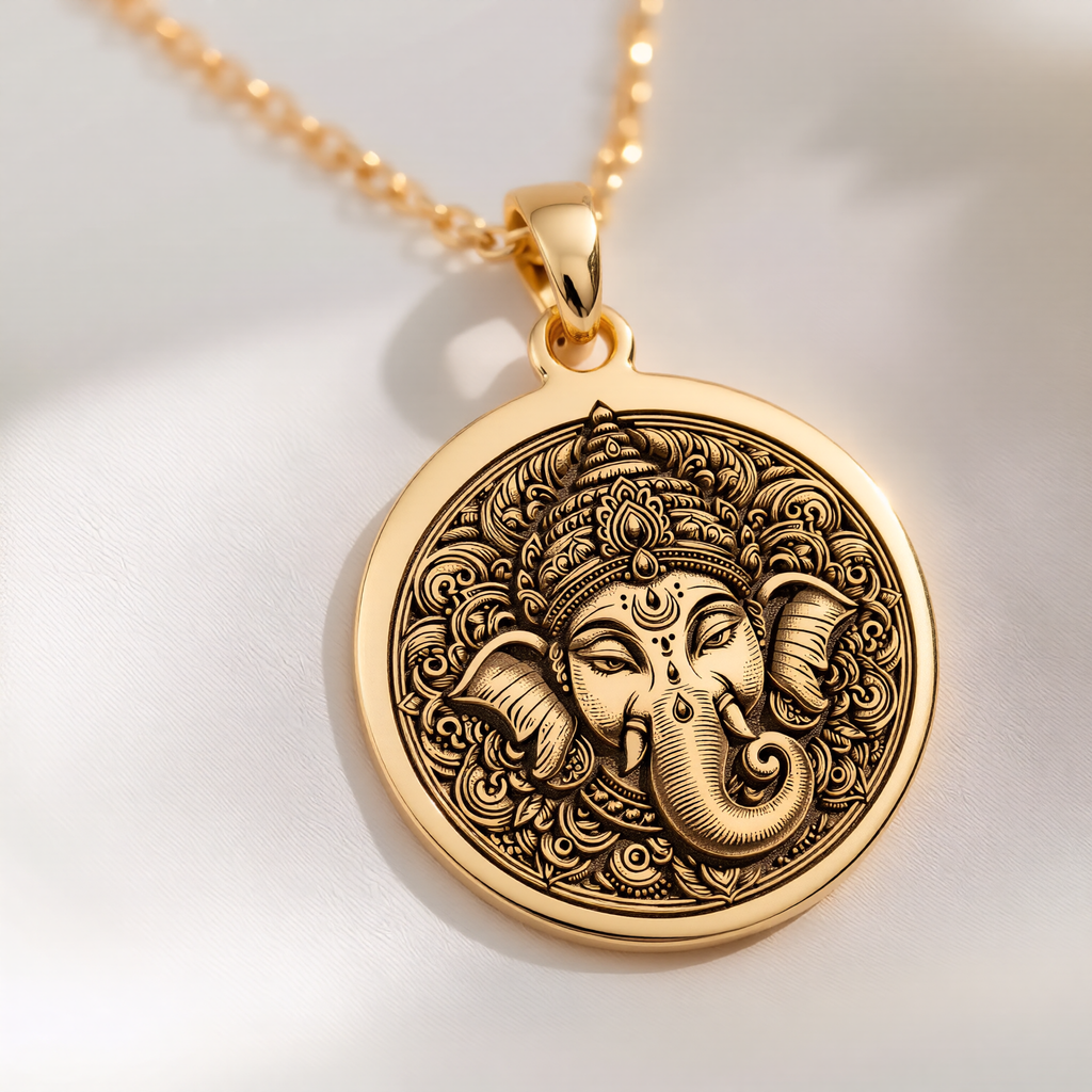 Ganesha God Necklace Necklaces 14K 14K Gold Plated Ganesha face pendant necklace with intricate details
