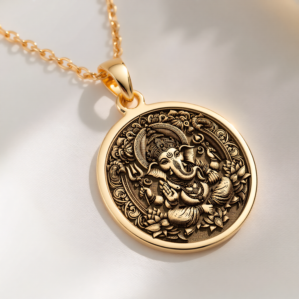 Ganesha Elephant God Pendant Necklaces 14K 14K Gold Plated pendant necklace featuring an ornate Ganesha design in a circular frame.