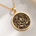 Ganesha Elephant God Pendant Necklaces 14K 14K Gold Plated pendant necklace featuring an ornate Ganesha design in a circular frame.