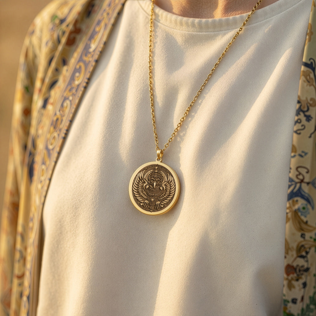 Garuda Bird Spiritual Amulet Necklace Necklaces 14K 14K Gold Plated pendant necklace featuring a circular heraldic eagle crest design.