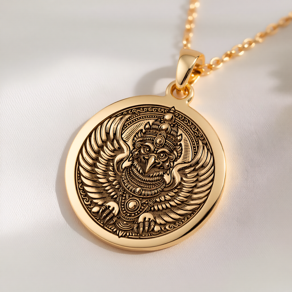 Garuda Bird Spiritual Amulet Necklace Necklaces 14K 14K Gold Plated pendant necklace featuring a detailed stylized eagle head design.