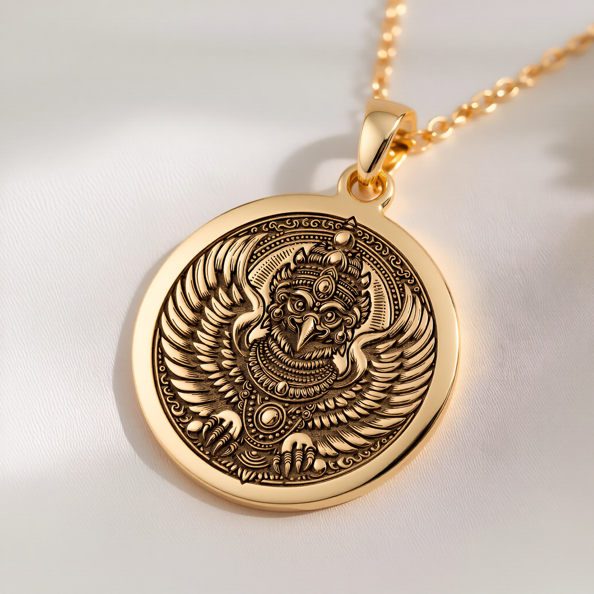 Garuda Bird Spiritual Amulet Necklace Necklaces 14K 14K Gold Plated pendant necklace featuring a detailed stylized eagle head design.