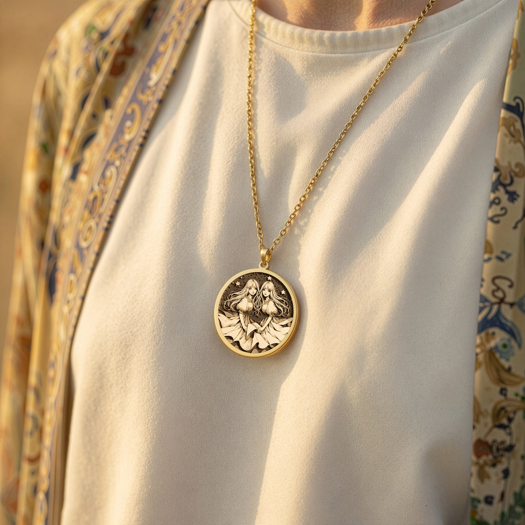 Gemini Zodiac Astrological Sign Necklace Necklaces 14K 14K Gold Plated pendant necklace featuring two intertwined female figures in a circular design.