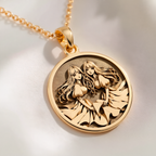 Gemini Zodiac Astrological Sign Necklace Necklaces 14K 14K Gold Plated round pendant featuring two women figures in a flowing dress design.
