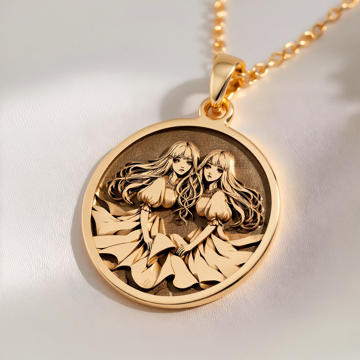 Gemini Zodiac Astrological Sign Necklace Necklaces 14K 14K Gold Plated pendant necklace featuring an engraved portrait of two women.