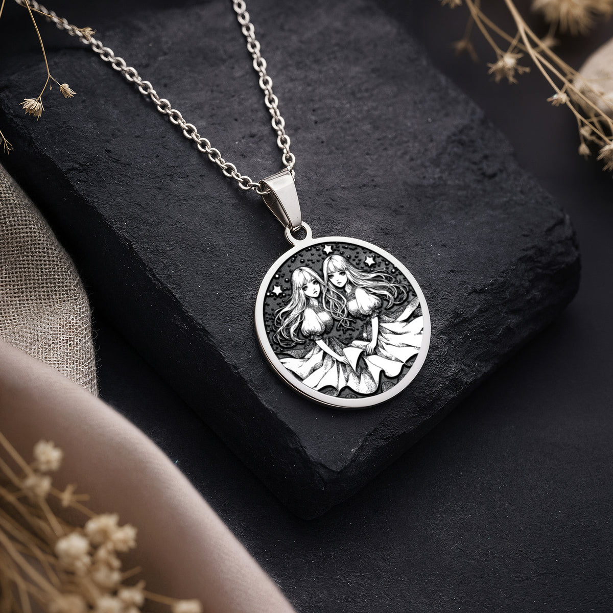 Gemini Zodiac Astrological Sign Necklace Necklaces 925 925 Sterling Silver metal pendant featuring two intertwined women and celestial design on a chain.