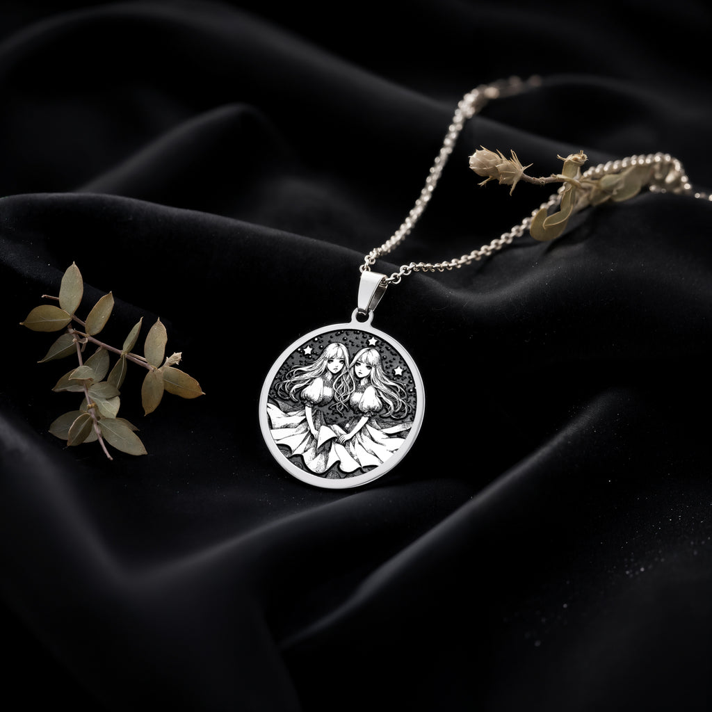 Gemini Zodiac Astrological Sign Necklace Necklaces 925 925 Sterling Silver pendant necklace featuring two intertwined female figures design on a round disc.