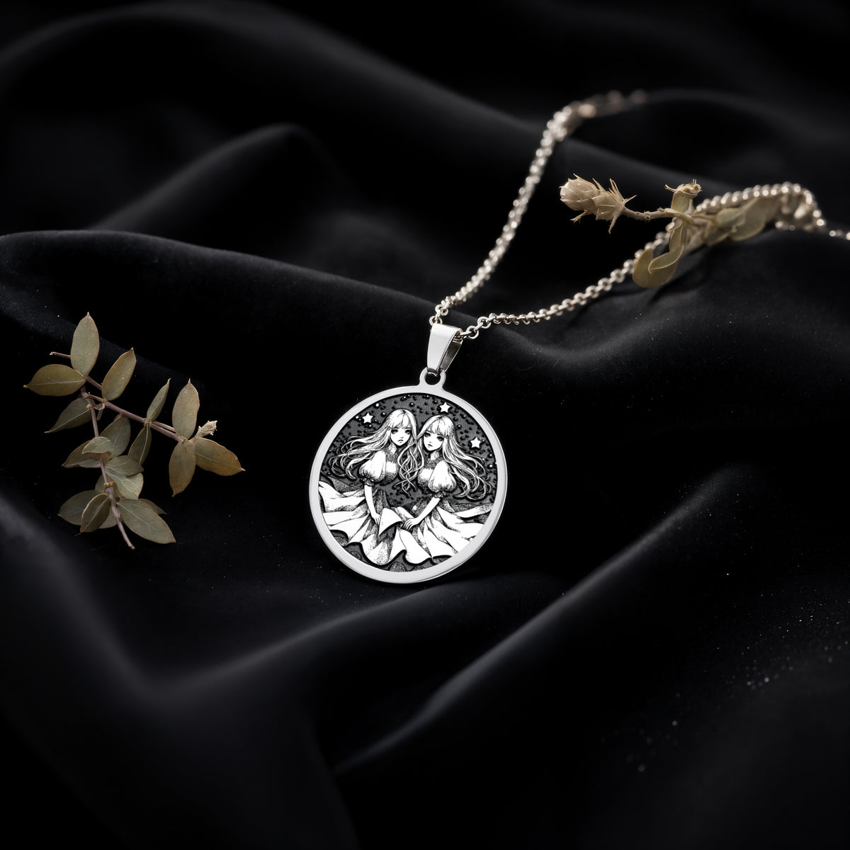 Gemini Zodiac Astrological Sign Necklace Necklaces 925 925 Sterling Silver pendant necklace featuring two intertwined female figures design on a round disc.