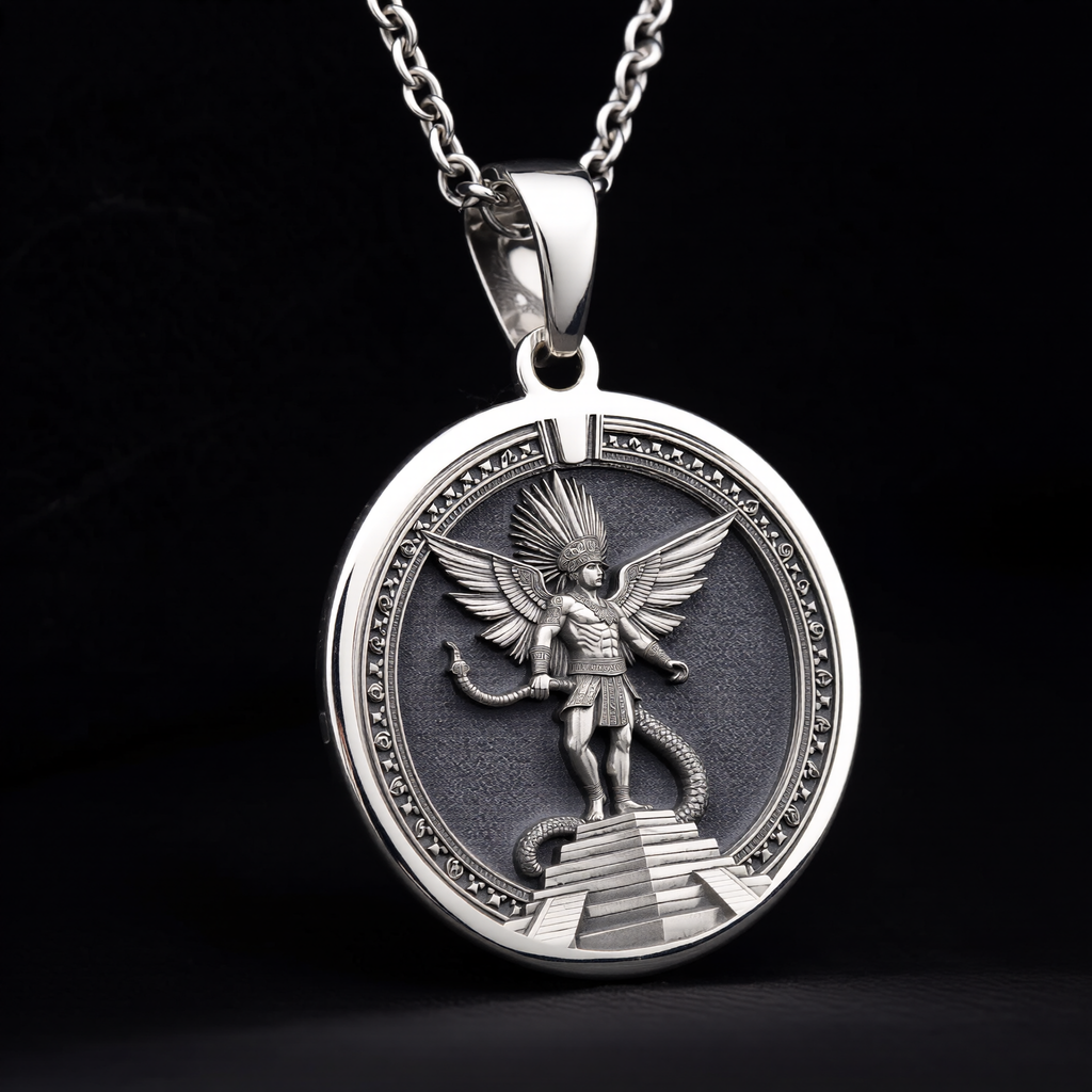 Huitzilopochtli Necklace: Silver Aztec Sun God, Warrior Protection Amulet