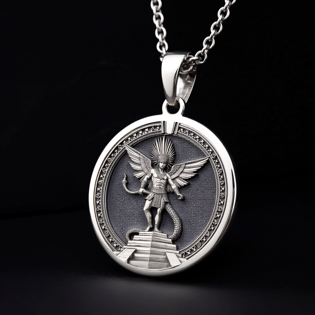 Huitzilopochtli Necklace: Silver Aztec Sun God, Warrior Protection Amulet